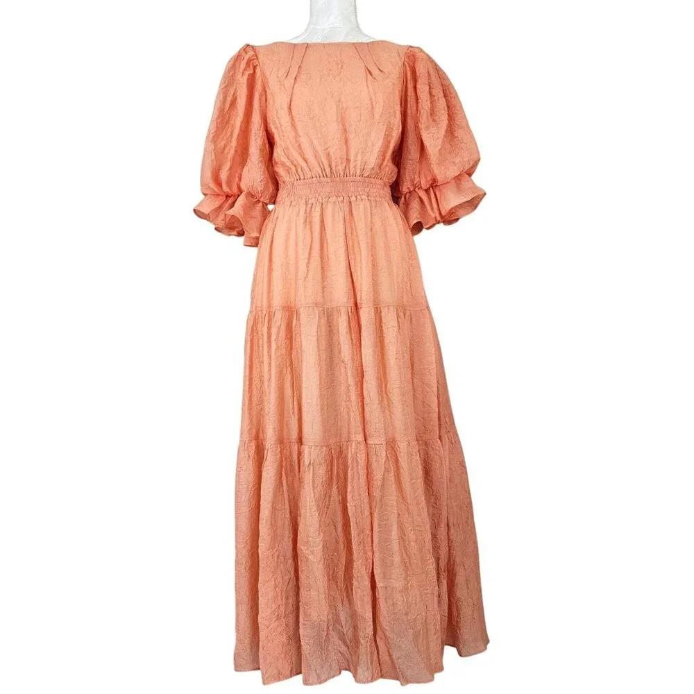 MOON RIVER Womens Sz S Puff Sleeve Tiered Back cutout Midi Dress Coral Cocktail - Picture 9 of 16